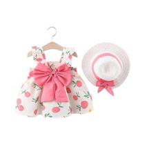 Conjunto De Vestido De Verão Para Meninas Com Estampa Laranja, Saia E Chapéu, 2 Peças De Roupa