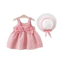 Conjunto De Vestido De Verão Xadrez Para Meninas Com Chapéu De Laço, Roupa De Duas Peças, Vestido Conjunto De Vestido De Verão Xadrez Para Meninas Com Chapéu De Laço, Roupa De Duas Peças, Vestido