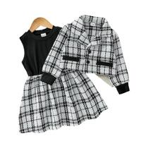 Conjunto De Vestido E Jaqueta Xadrez Para Meninas Sem Mangas Outono Inverno 1-6 Anos Moda Ativa