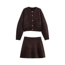 Conjunto De Vestido Feminino Com Jaqueta De Tricô E Saia, Decoração Com Botões Dourados, Estilo Conjunto De Vestido Feminino Com Jaqueta De Tricô E Saia, Decoração Com Botões Dourados, Estilo