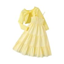 Conjunto De Vestido Para Meninas Com Casaco De Manga Longa E Design De Laço, Vestido Com Estampa