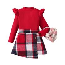 Conjunto De Vestido Tricotado De 3 Peças Para Meninas Primavera/Outono, Camisa Com Mangas Em Forma