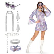 Conjunto de vestidos de discoteca roxos Costume Spooktacular Creations dos anos 70 Conjunto de vestidos de discoteca roxos Costume Spooktacular Creations dos anos 70