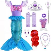 Conjunto de vestidos Fhjax Little Mermaid com peruca de 3 a 7 anos Conjunto de vestidos Fhjax Little Mermaid com peruca de 3 a 7 anos