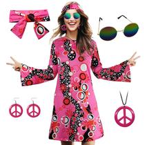 Conjunto de vestidos hippie Costume MRYUWB dos anos 70 rosa L Conjunto de vestidos hippie Costume MRYUWB dos anos 70 rosa L