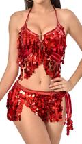 Conjunto de vestidos para dança do ventre, roupa feminina FEOYA, lantejoulas, borla vermelha Conjunto de vestidos para dança do ventre, roupa feminina FEOYA, lantejoulas, borla vermelha