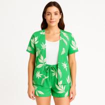 Conjunto de Viscose Estampado Feminino Kimono sem gola + Short com Elástico Tamanho:44Estampa:Verde Conjunto de Viscose Estampado Feminino Kimono sem gola + Short com Elástico Tamanho:44Estampa:Verde