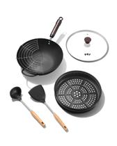 Conjunto de Wok FGJ 33cm Aço Carbono Antiaderente 6 Peças Conjunto de Wok FGJ 33cm Aço Carbono Antiaderente 6 Peças