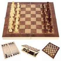 Conjunto de xadrez, jogos de tabuleiro de xadrez de madeira de armazenamento dobrável, xadrez de madeira de 15", 3 em 1 jogo de tabuleiro de xadrez para adultos e crianças (xadrez, gamão, damas)
