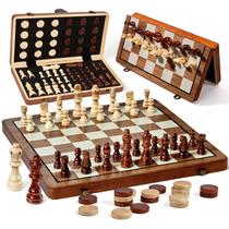 Conjunto de xadrez MerryPony de madeira de 15 polegadas com xadrez e damas Conjunto de xadrez MerryPony de madeira de 15 polegadas com xadrez e damas