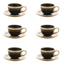 Conjunto De Xícara De Cafezinho Com Pires 06 Peças Dubai Preto E Dourado 90ml Wolff