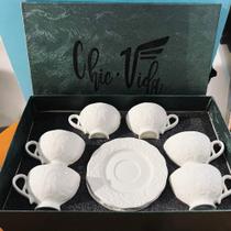 Conjunto De Xicaras Com Pires De Cafe Porcelana Xicara Branca Kit 12 Pecas Luxo Cerâmica