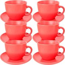 Conjunto de Xícaras com Pires Vermelho em Cerâmica para Café 210 ml Resistente a Micro-ondas Conjunto de Xícaras com Pires Vermelho em Cerâmica para Café 210 ml Resistente a Micro-ondas