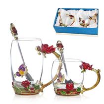 Conjunto de xícaras de chá DUMVOIN Glass Rose Flower Enamel com colher