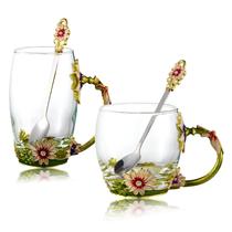 Conjunto de xícaras de chá DUMVOIN Glass Rose Flower Esmalte com colher, 2 unidades