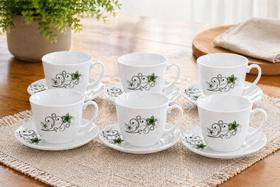 Conjunto de Xícaras e Pires Para Chá Café 220 ML 12 Peças de Vidro Design Floral Cor:Branca