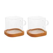 Conjunto De Xícaras Em Vidro Borossilicato Com Pires De Bambu Com 4 Peças 130ml Mimo Style