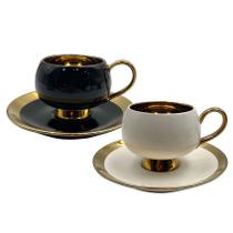 Conjunto de Xícaras para Café com Pires Thari em Porcelana com Borda Dourada Branca/Preta 4Pçs 120ml - L'Hermitage