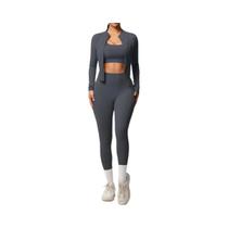 Conjunto De Yoga Feminino 3 Peças: Top Esportivo, Jaqueta Com Zíper E Leggings Para Fitness E Treino