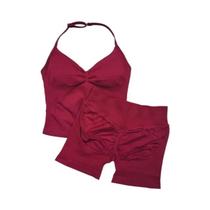 Conjunto De Yoga Feminino De Verão 2 Peças: Top Regata Sem Costura Com Alças E Shorts Franzido Para