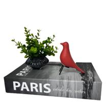 Conjunto decoração livro + vaso de vidro + pássaro vermelho