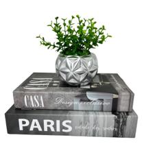 Conjunto decoração vaso prata + dois livros na cor cinza