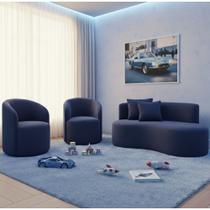 Conjunto Decorativo 02 Poltronas + Sofá Curvo Orgânico Nature Gaia Boucle Azul Marinho - Montanaris Decor