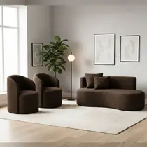 Conjunto Decorativo 02 Poltronas + Sofá Curvo Orgânico Nature Gaia Boucle Marrom - Montanaris Decor