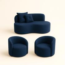 Conjunto Decorativo 02 Poltronas + Sofá Curvo Orgânico Nature Gaia Suede Azul Marinho - Montanaris Decor Conjunto Decorativo 02 Poltronas + Sofá Curvo Orgânico Nature Gaia Suede Azul Marinho - Montanaris Decor