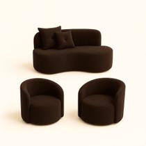 Conjunto Decorativo 02 Poltronas + Sofá Curvo Orgânico Nature Gaia Suede Marrom - Montanaris Decor Conjunto Decorativo 02 Poltronas + Sofá Curvo Orgânico Nature Gaia Suede Marrom - Montanaris Decor