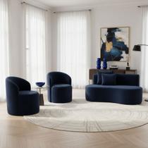 Conjunto Decorativo 02 Poltronas + Sofá Curvo Orgânico Nature Gaia Veludo Azul Marinho - Montanaris Decor