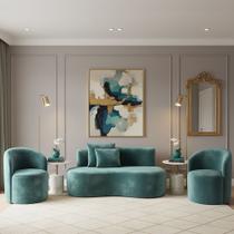 Conjunto Decorativo 02 Poltronas + Sofá Curvo Orgânico Nature Gaia Veludo Azul Turquesa - Montanaris Decor Conjunto Decorativo 02 Poltronas + Sofá Curvo Orgânico Nature Gaia Veludo Azul Turquesa - Montanaris Decor