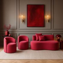 Conjunto Decorativo 02 Poltronas + Sofá Curvo Orgânico Nature Gaia Veludo Vermelho - Montanaris Decor Conjunto Decorativo 02 Poltronas + Sofá Curvo Orgânico Nature Gaia Veludo Vermelho - Montanaris Decor