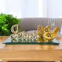 Conjunto Decorativo Enfeite de Mesa Luxo Casal de Pássaros + Frase Jesus Dourado Prata