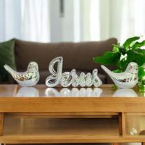 Conjunto Decorativo Enfeite de Mesa Luxo Casal de Pássaros + Frase Jesus Dourado Prata
