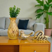 Conjunto Decorativo Enfeite de MesaLuxo com Vaso, Pássaro e Palavra Fé/Paz Dourado Rose Prata