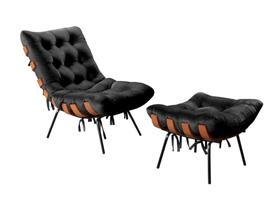 Conjunto Decorativo Poltrona Costela de Adão com Puff Capitonê