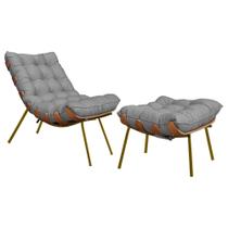 Conjunto Decorativo Poltrona e Puff Abel Base de Madeira Dourada Linho Cinza G41 - Gran Belo Conjunto Decorativo Poltrona e Puff Abel Base de Madeira Dourada Linho Cinza G41 - Gran Belo