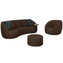 Conjunto Decorativo Sofá 240cm e Poltrona Clarke com Puff Round PU Marrom G45 - Gran Belo