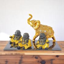 Conjunto Decorativo Trio Estátua Estatuetas Buda Monges Sábios Sorte Fortuna Com Bandeja Elefante Hi