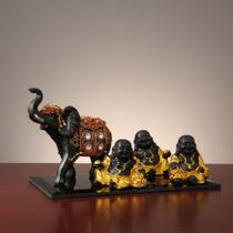 Conjunto Decorativo Trio Estátua Estatuetas Buda Monges Sábios Sorte Fortuna Com Bandeja Elefante Hi