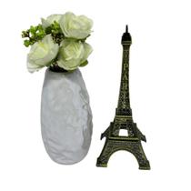 Conjunto decorativo vaso branco com brilho e torre Paris