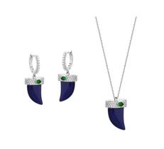 Conjunto dente de sabre azul cravejado banhado a ródio branco