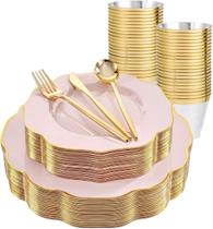 Conjunto Descartável de Louça bUCLA 180 Peças com Borda Dourada e Rosa Conjunto Descartável de Louça bUCLA 180 Peças com Borda Dourada e Rosa
