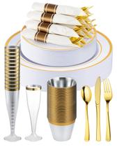 Conjunto Descartável de Louças Douradas Goodluck 320 Peças para 40 Pessoas Conjunto Descartável de Louças Douradas Goodluck 320 Peças para 40 Pessoas