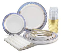 Conjunto descartável de pratos e talheres de plástico, 200 unidades para 25 convidados Conjunto descartável de pratos e talheres de plástico, 200 unidades para 25 convidados