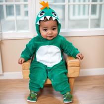 Conjunto Dino: Macacão Plush com Capuz Bordado e Pantufa 3D Interativa Conjunto Dino: Macacão Plush com Capuz Bordado e Pantufa 3D Interativa