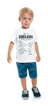 Conjunto Dinossauro Bebê Menino Malha Moletom cor Azul e Branco/Cinza Mescla e Verde Tamanho 1 ano