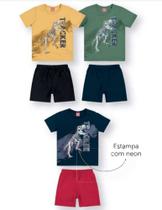 Conjunto Dinossauro Infantil Menino Camiseta em Meia Malha Bermuda em Moletom sem Felpa - Elian