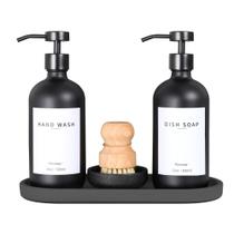 Conjunto dispensador de sabão Ronasip Kitchen, vidro de 500 ml com bomba e bandeja Conjunto dispensador de sabão Ronasip Kitchen, vidro de 500 ml com bomba e bandeja